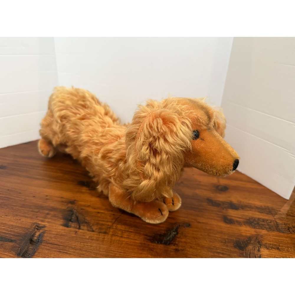 Vintage Steiff Waldi Dachshund Long Haired Dog Green Collar Button in Ear